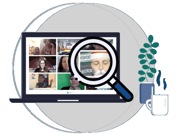 Image of a laptop with various photos of CSC staff, clients and volunteers on it. A magnifier is moving across the computer screen to zoom in on each photo. Next to the laptop is a cup of coffee and green plant in a blue vase