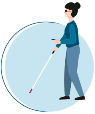 Image of an individual walking with a white cane. The individual’s cane and feet move as she is walking
